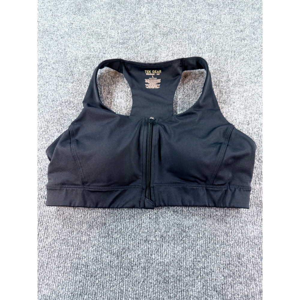 Tek Gear Womens Black Front Zip Racerback Sports Bra Size Large Workout Yoga Gym